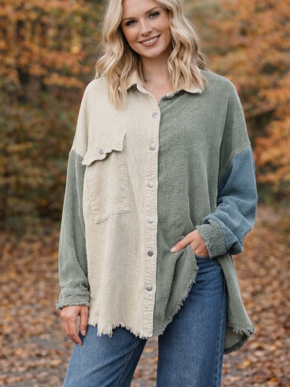 POL Corduroy Color Block Jacket L Cotton Fall Oversized Slouchy